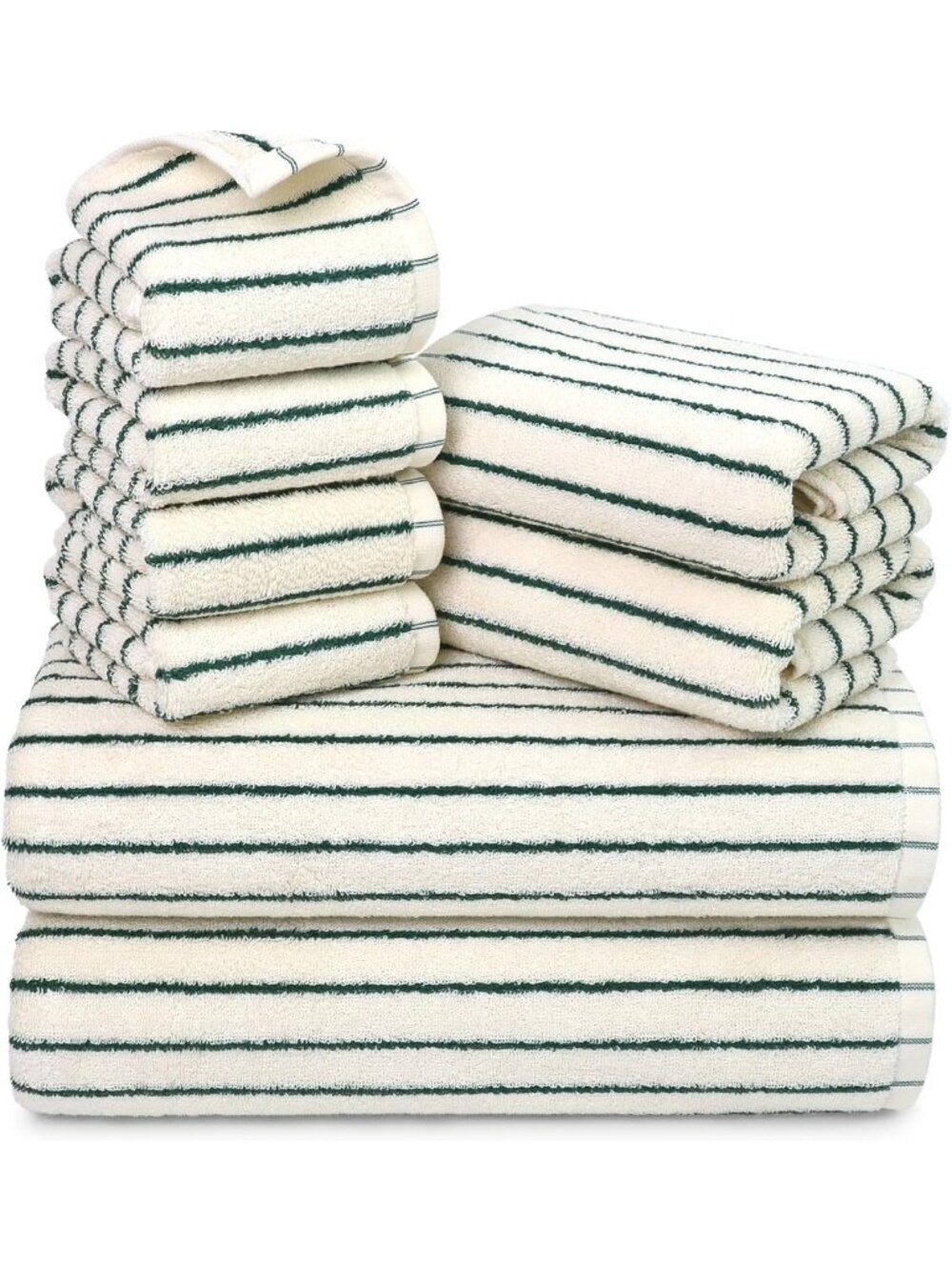 8-Piece Soft Green Towel Set - Ultra Absorbent Cotton Striped Bath Towels